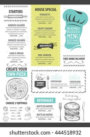 Menu placemat food restaurant brochure, menu template design. Vintage creative dinner template with hand-drawn graphic. Vector food menu flyer. Gourmet menu board.