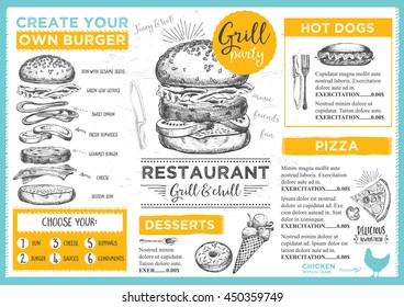 Folleto del restaurante gastronómico, diseño de plantilla de menú. Plantilla de cena creativa vintage con gráficos dibujados a mano. Volante de menú de comida vectorial. 