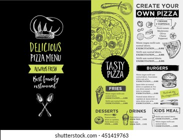 Menu placemat food restaurant brochure, menu template design. Vintage creative dinner template with hand-drawn graphic. Vector food menu flyer. 