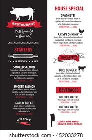 Menu placemat food restaurant brochure, template design. Vintage creative dinner template with hand-drawn graphic. 