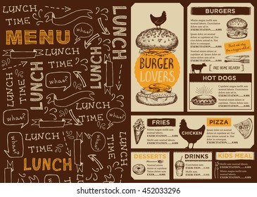 Menu placemat food restaurant brochure, template design. Vintage creative dinner template with hand-drawn graphic. 