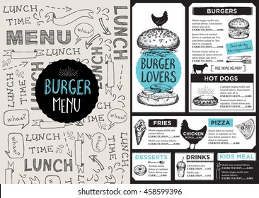 Menu placemat food restaurant brochure, template design. Vintage creative dinner board flyer with hand-drawn graphic. 