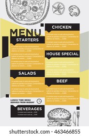 Menu placemat food restaurant brochure, template design. Vintage creative dinner board flyer with hand-drawn graphic. 