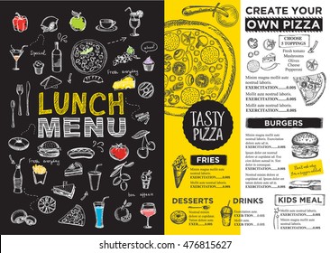 Menu placemat food restaurant brochure, template design. Vintage creative dinner board flyer with hand-drawn graphic. 