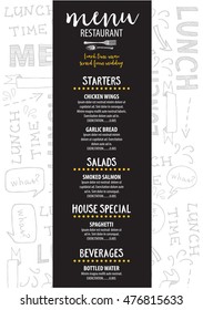 Menu placemat food restaurant brochure, template design. Vintage creative dinner board flyer with hand-drawn graphic. 