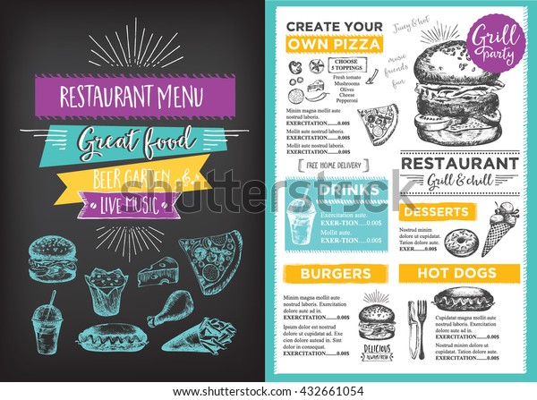 メニュープレースマットの食べ物レストランのパンフレット メニューテンプレートデザイン 手描きのグラフィックスを使用したビンテージクリエイティブディナーテンプレート ベクターフードメニューのチラシ グルメのメニューボード のベクター画像素材