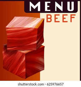 Cartel de menú con la muestra de carne de vacuno en los dados