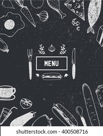 Menu poster, cover with hand drawn food. Food poster, card. Black and white. Restaurant, cafe menu template