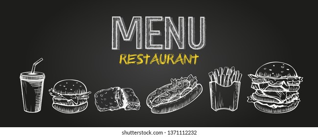 Menu poster design with chalkboard elements. Fast food menu skech style. Can be used for layout, banner, web design, brochure template. Vector illustration