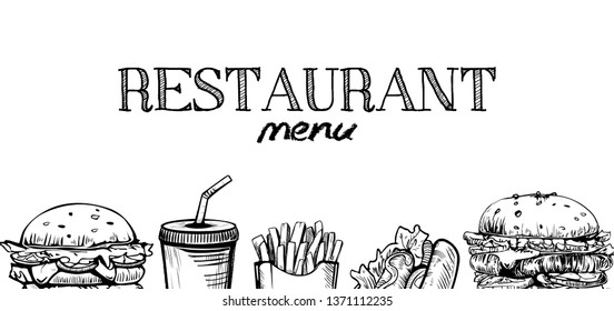 Menu poster design with chalkboard elements. Fast food menu skech style. Can be used for layout, banner, web design, brochure template. Vector illustration