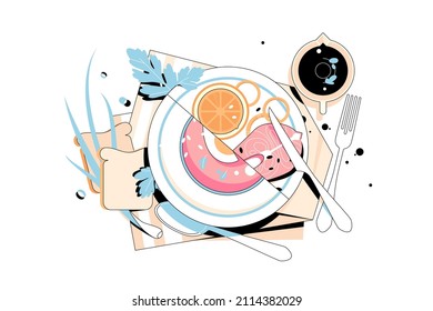 Menu presentation in luxury restaurant vector illustration. Cafe table with different types of food flat style. Food, cuisine and taste concept. Isolated on white background
