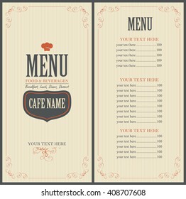 Menu and price for a cafe or restaurant with a toque