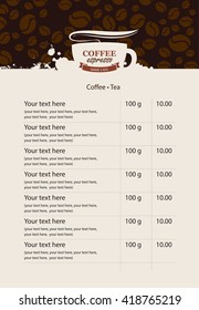 menu price list for coffee beans and coffee drops