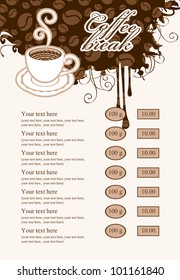 Menu price list with cup of coffee and grains