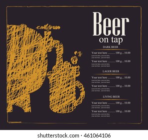 menu with price list for a pub with a beer keg and a glass