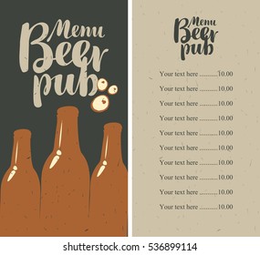 menu with price list for a pub with a bottle of beer