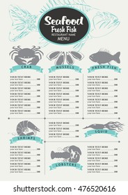menu with price list for a seafood restaurant with a picture of marine animals and fish