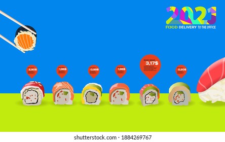 Menu with prices for sushi rolls for the restaurant. Vector banner