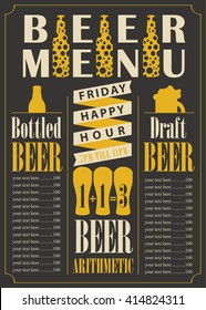 menu for the pub for bottled and draft beer with price list