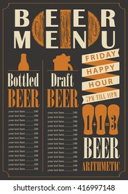 menu for the pub for bottled and draft beer with price list