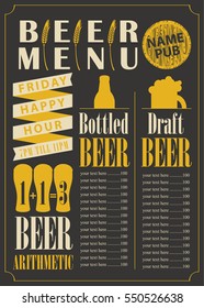 menu for the pub for bottled and draft beer with price list
