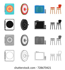 Menu in the pub, Darts game, TV with remote control, chair. Pub and party set collection icons in cartoon black monochrome outline style vector symbol stock isometric illustration web.