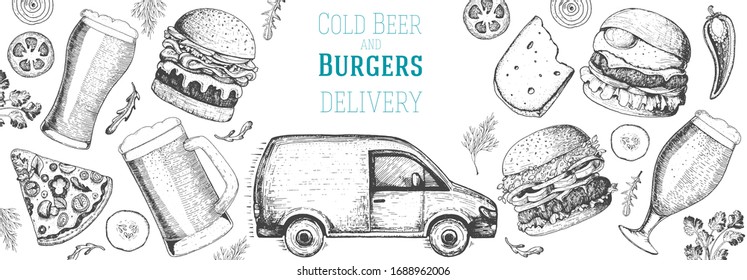 Menu of pub food delivery. Beer and burgers vector illustration. Delivery truck hand drawn vector illustration. Fast food, junk food frame. Elements for burgers restaurant menu design. Engraved image