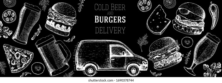 Menu of pub food delivery. Beer and burgers vector illustration. Delivery truck hand drawn vector illustration. Fast food, junk food frame. Elements for burgers restaurant menu design. Engraved image