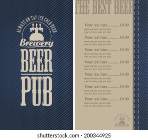 Menu for the pub in a retro style on denim