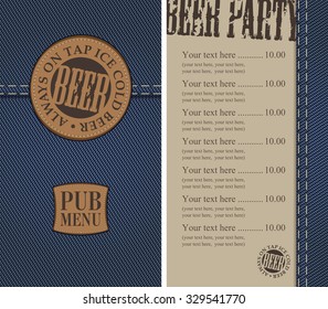 Menu for the pub in a retro style on denim