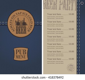 Menu for the pub in a retro style on denim
