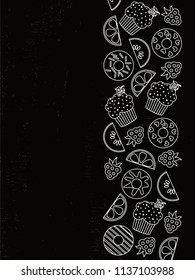 Menu, recipe book, cafe and restaurant flyers typography poster template, Text and food symbols, on chalkboard background. Vector illustration with foodstuff border, black and white.