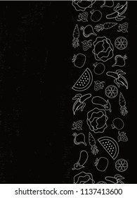 Menu, recipe book, cafe and restaurant flyers on chalkboard background. Vector illustration with foodstuff border, black and white.