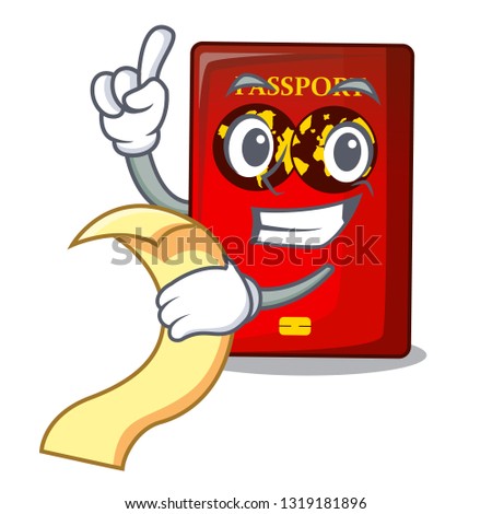 With menu red passport on the mascot table