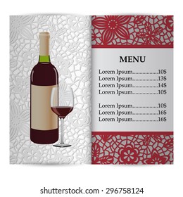 Menu for red wine with a bottle of wine and glass of wine. Vector illustration.