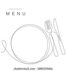 Menu Restaurant Background With Plate And Fork Line Drawing Vector Illustration