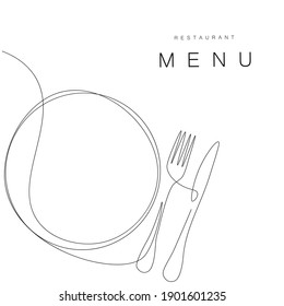 Menu restaurant background with plate and fork, knife drawing, vector illustration