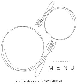 Menu restaurant background with plate and fork line drawing, vector illustration