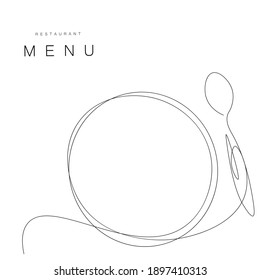 Menu restaurant background with plate and spoon line draw, vector illustration