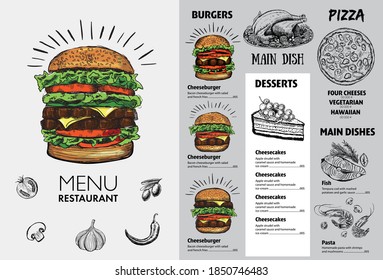 Menu restaurant brochure. Flyer with hand-drawn graphic.	
