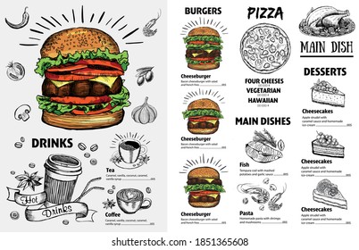 Menu restaurant brochure. Flyer with hand-drawn graphic.	