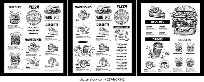 Menu restaurant brochure. Flyer with hand-drawn graphic.