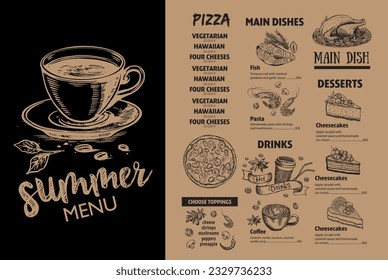 Folleto del restaurante de menú, Volante con gráfico dibujado a mano.	