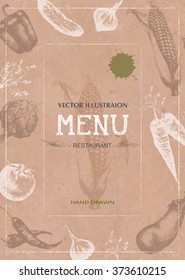 Menu restaurant brochure. Food design template. Drawing hand image vegetables, vector illustration.