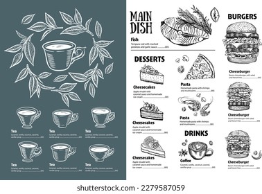 Menu restaurant brochure. Green Tea Cup. Flyer with hand-drawn graphic.	
