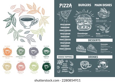 Menu restaurant brochure. Green Tea Cup. Flyer with hand-drawn graphic.