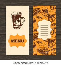 Menu for restaurant, cafe, bar. Oktoberfest vintage background. Hand drawn illustration. Retro design with beer