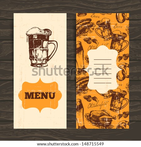Menu for restaurant, cafe, bar. Oktoberfest vintage background. Hand drawn illustration. Retro design with beer