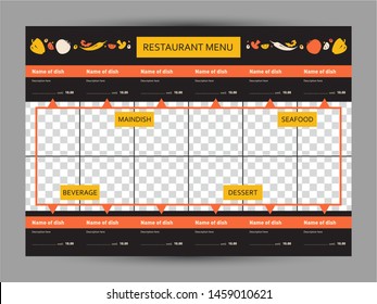 Menu for restaurant and cafe. Design template with place for photo.
