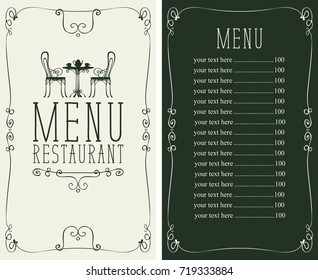  menu for restaurant or cafe with a price list and a table, chairs and tea in a curly frame in the art Deco style
